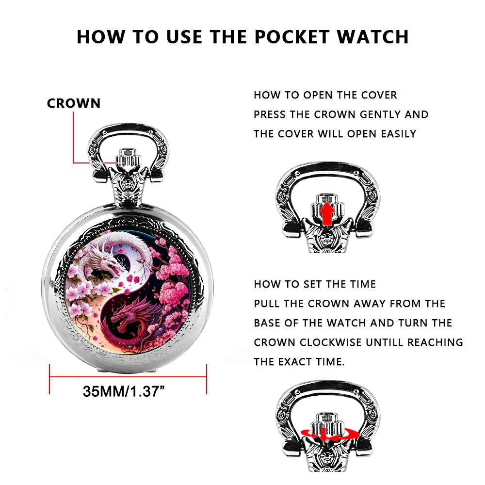 Squisito orologio da tasca al quarzo con motivo drago Yin e Yang, collana con ciondolo, display analogico per donne, uomini, bambini, orologio unico