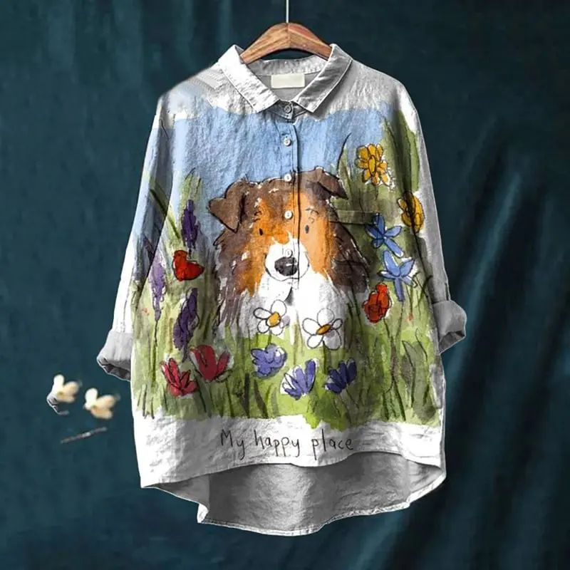 Vintage Cute Dog Scrawled Puppy Art Print Casual And Linen Shirt 3D Printed Casual Lapel Blouse