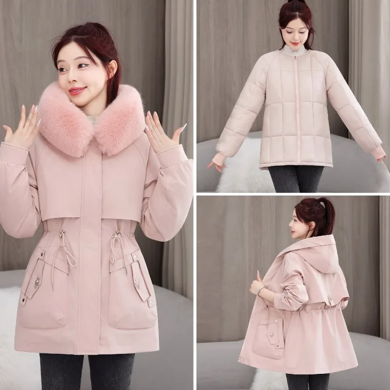 Roupas de trabalho coreanas com uma roupa e três roupas superando o desafio de casacos longos de algodão femininos e jaquetas grossas de algodão