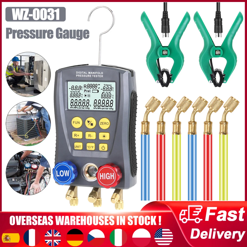 WZ-0031 Digital Pressure Gauge 0-6000Kpa Refrigeration Vacuum Pressure Manifold Tester HVAC Temperature Tester Valves Tool Kit