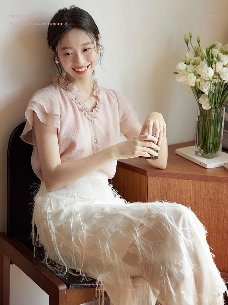 

Moriirose Pink Beige Wooden Fly Sve irt Women Summer Vintage Loose Personali Top Straight Tube Polyester V-ne S...