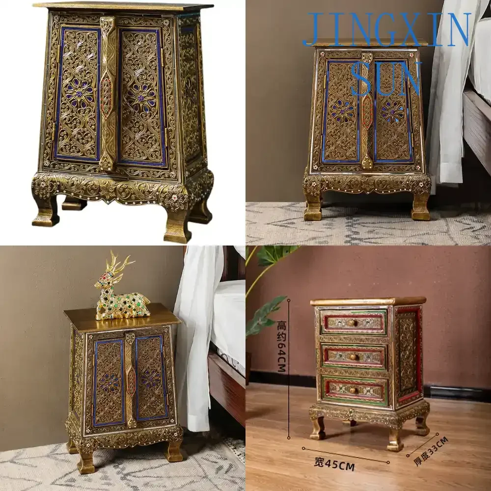 Solid Wood Bedside Table for Southeast Asian Style Thai Vintage Bedroom Small Furniture Storage Cabinet for Home Decor