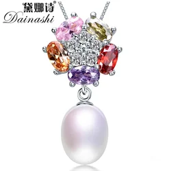 925 Sterling Silver Colorful Zircon Pendant Jewelry 100% Genuine Natural Freshwater Oval Pearl Necklace Women(No Chain)