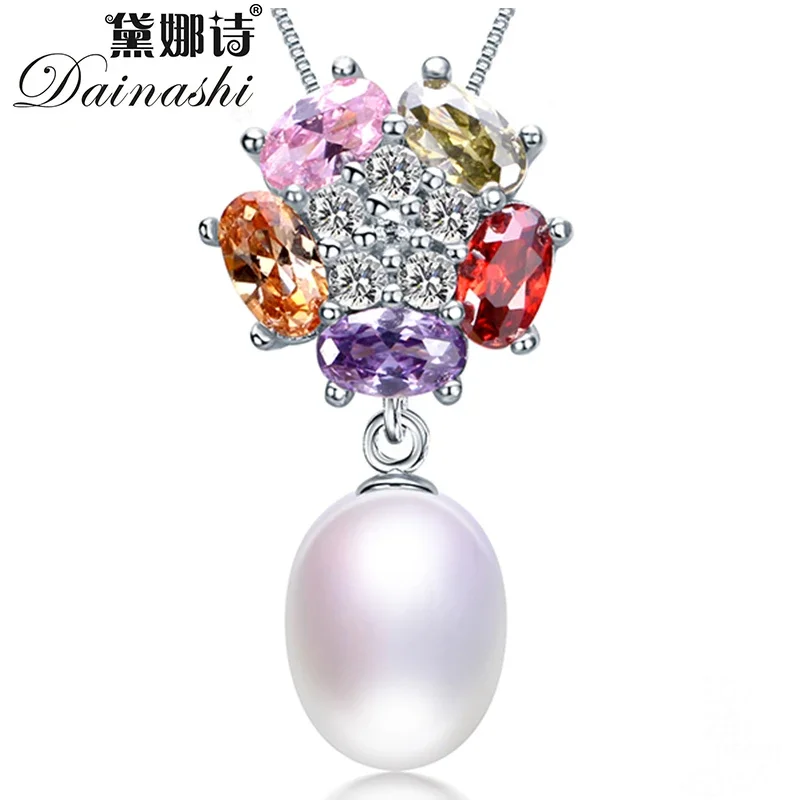 925 Sterling Silver kolorowa cyrkonia wisiorek biżuteria 100% prawdziwy naturalny słodkowodny owalny naszyjnik z pereł kobiet (bez łańcuszka)