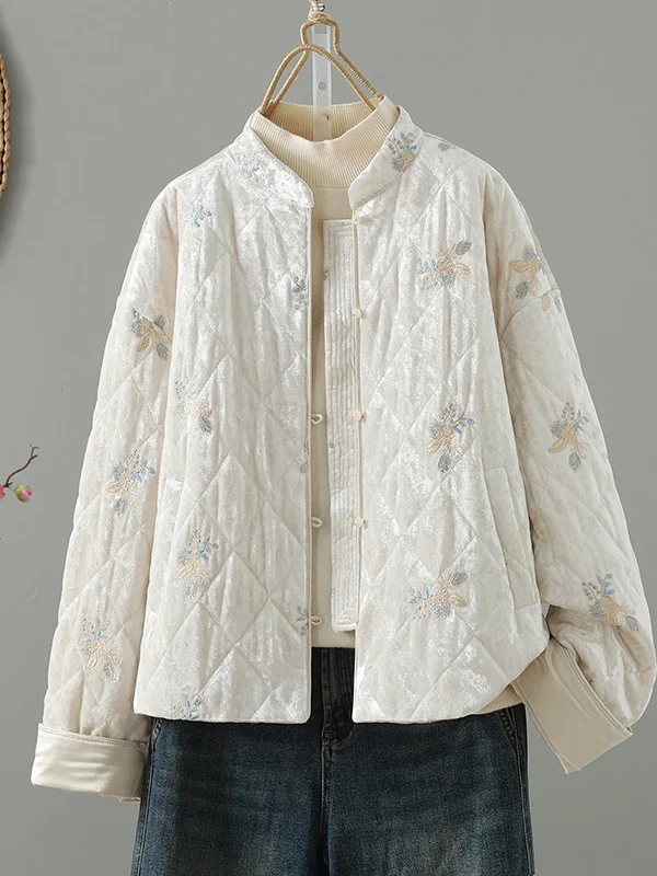 

Ele New Chinese Sle Embroidered Cotton Jaet Stand Collar Women's Coat Thiened Long Sve Commute Faion