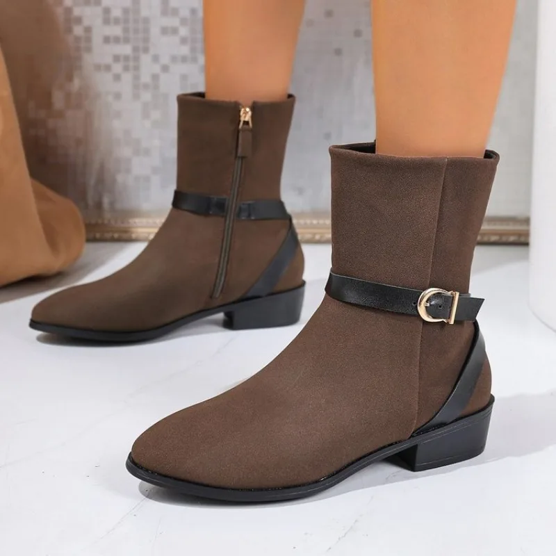 

Autumn and Winter New Women's Coarse Heel High Short Boots European and American Fashion Pointed Large Women's Leg Boots 42 43