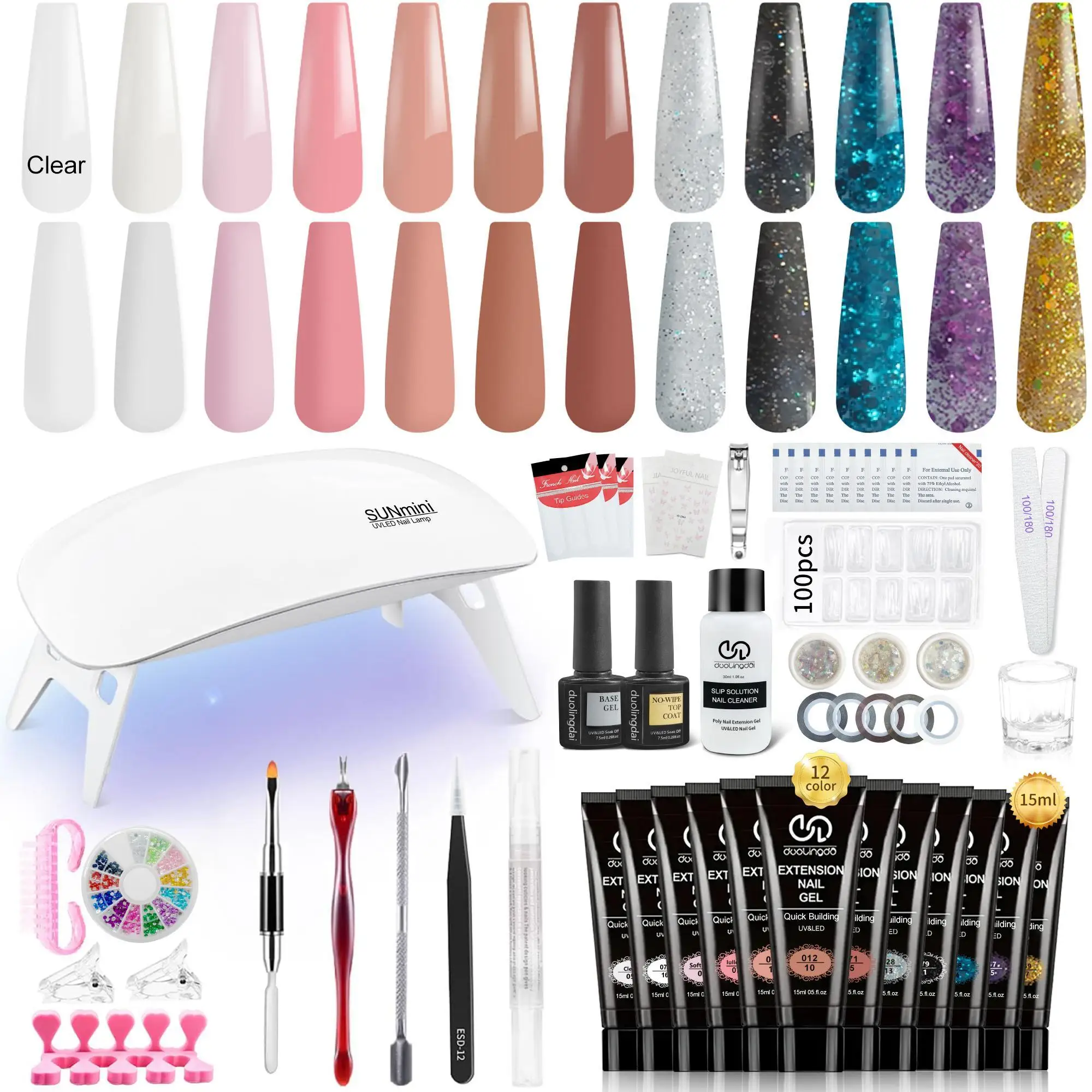 Kit gel per estensione poli 12 colori Collezione per tutte le stagioni Lampada per unghie Soluzione antiscivolo Base Top coat opaco Estensione per unghie Costruzione Comp