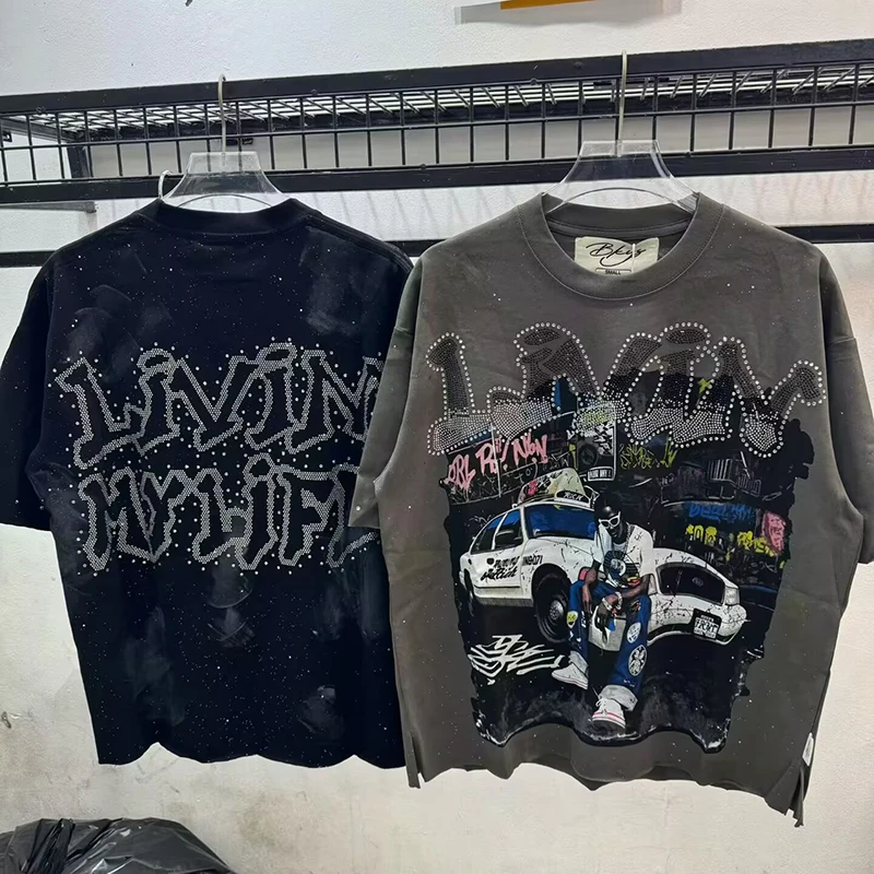 Vintage Schwarzes Graffiti Washed T-Shirt für Herren, Western Glamour Lady Grafik-Top, Oversized Y2K Rap Street T-Shirt, Distressed Kleidung 2026 – Detail 2