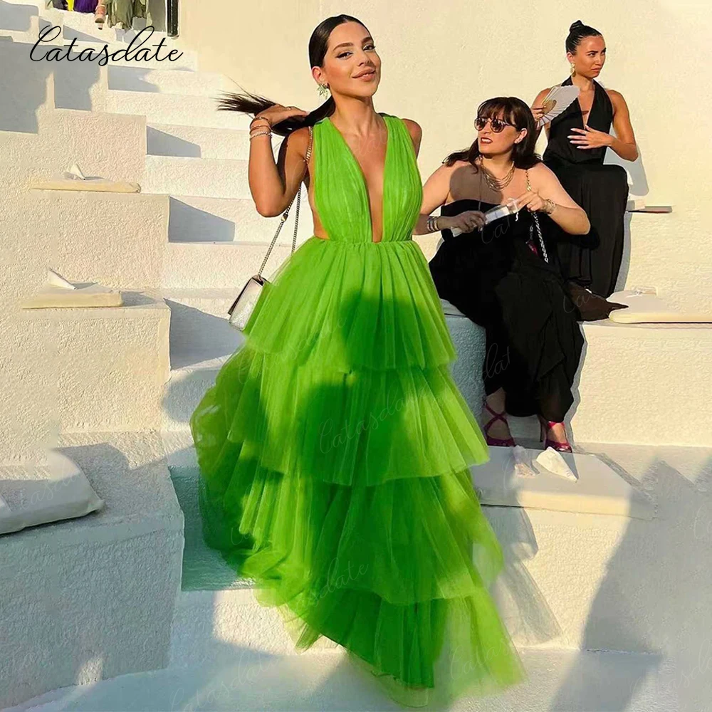 Catasdate Uma Linha Vestido de Noite Formal Tule Sexy V Pescoço Multicamadas فساتchter ة para Mulheres Personalizado