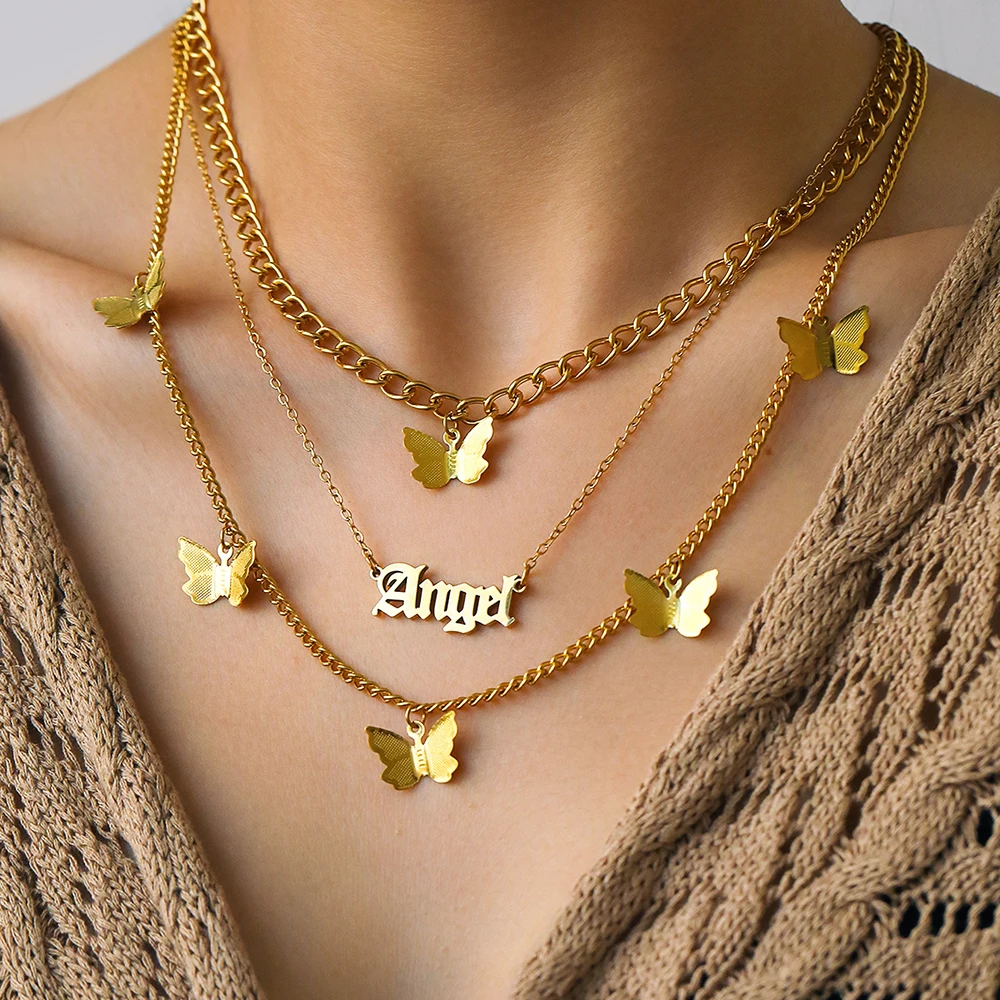 

DGIDDK Stainless Steel Multi-Layer Butterfly Necklace Angel Pendant Lockbone Chain Sweet Charm Necklace Trendy For Women Jewelry