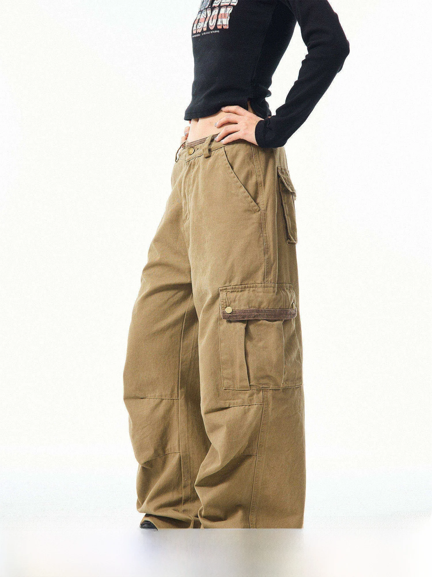 

MAIKAO American Retro Faded Large ket Pleated Work Pants Women's Trendy Loose Straight Casual Pants Street Sle Cotton