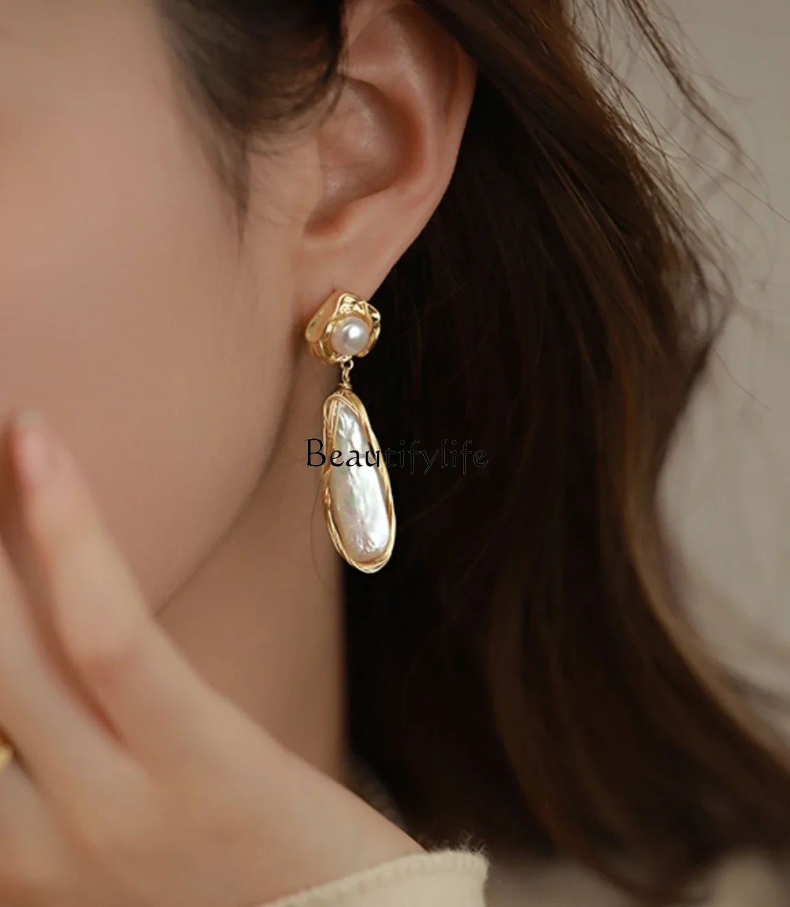 Fresh Water Baroque Pearl Earrings, Golden Earrings, Autumn and Winter, High Sense