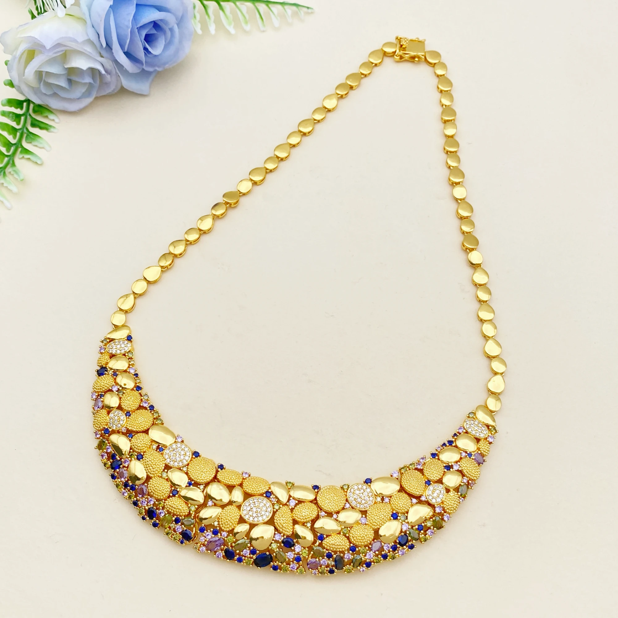 JRH Middle East Style Women's Jewelry Set 4Pcs Zircon Cubic Gold Plated Necklace Earrings Ring Bracelet Luxury Gift for Party
