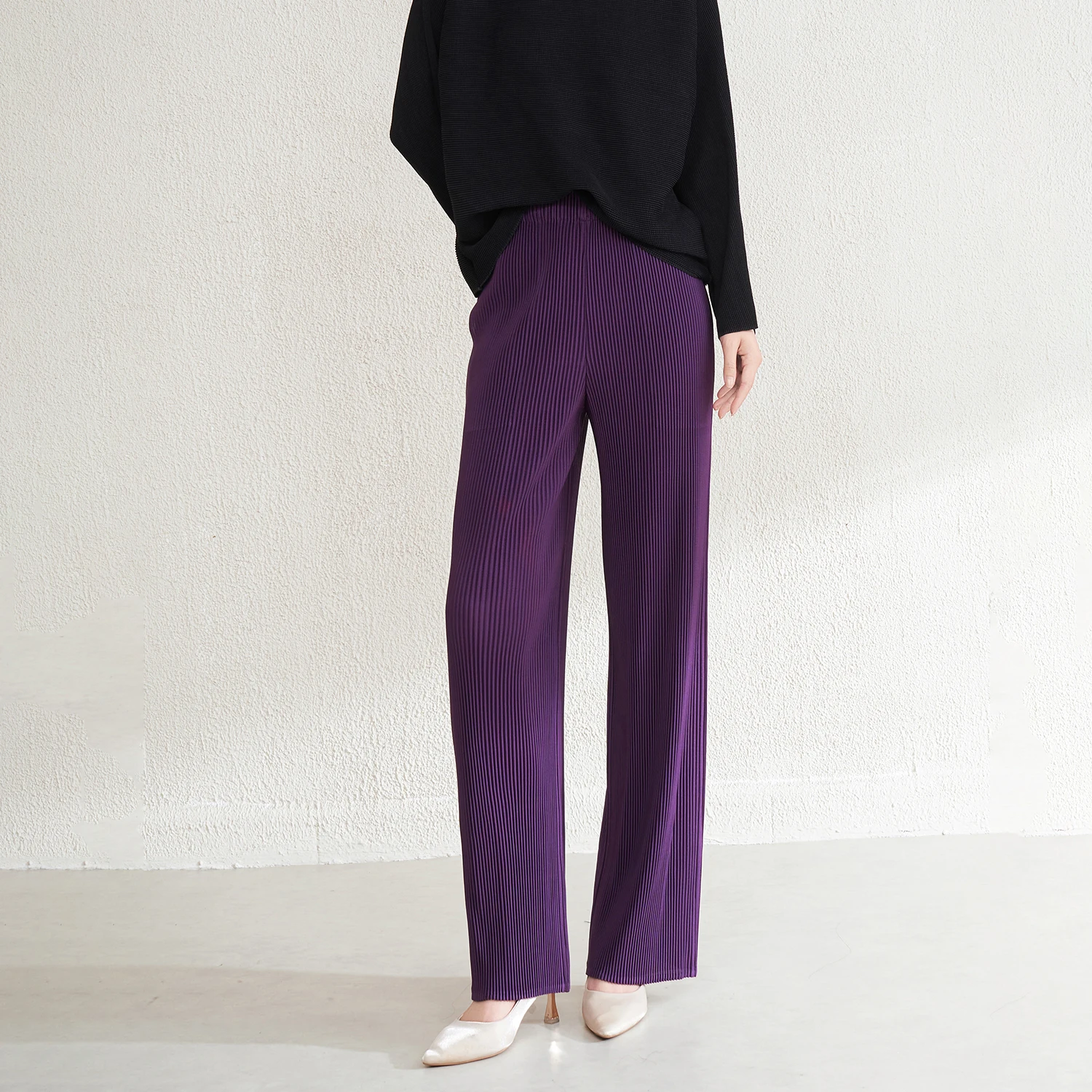 고품질 미야케 플리츠 공장 여성 캐주얼 스트레이트 바지 폴리에스터 원단 플리츠 공예 바지