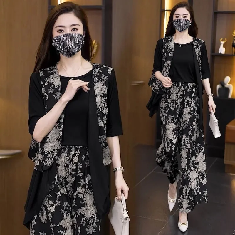 

Spring Summer Women Sets New Large Size 5XL Fashion Printed Vest And Wide Leg Pants Three Piece Suit Ladies Casual Outfits 3PCS