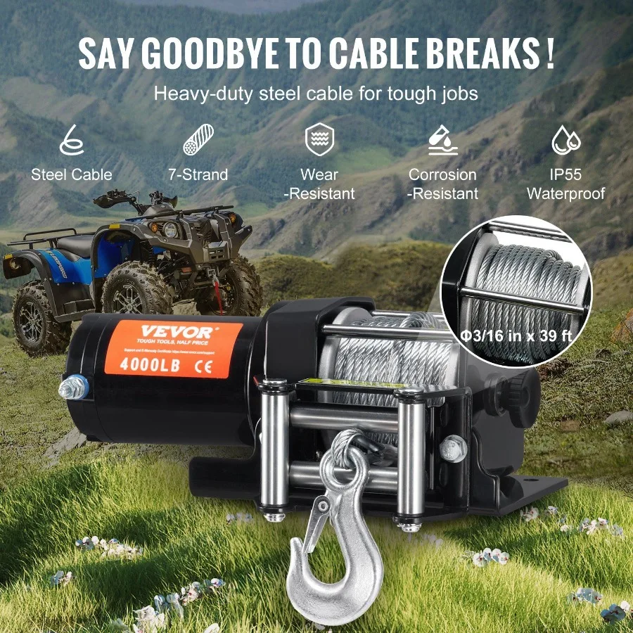 Verricello elettrico ATV UTV Cavo in acciaio da 4000 libbre IP55 Telecomando impermeabile