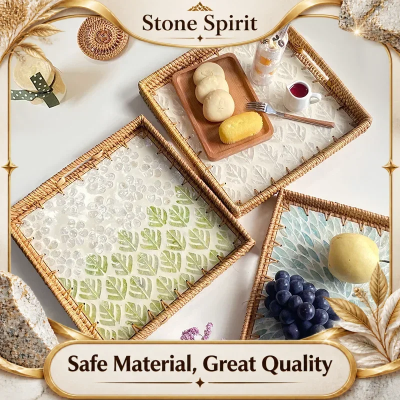 Luxury Square Shell Premium Tray Handmade Rattan Colorful Picnic Fruit Basket Kitchen Storage Set Home Furnishing Decoration