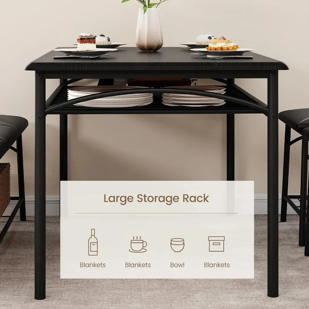 Dining Table Set for 4, Kitchen Table Set with Upholstered Bench and Square Stools, Metal and Wood Dining Room Table Sets