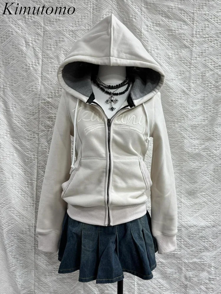 

Kimutomo Hoodies Women Vintage Letter Pockets Zipper Autumn Winter Y2k Aesthetic Harajuku Jackets Female Casual Sweatshirts