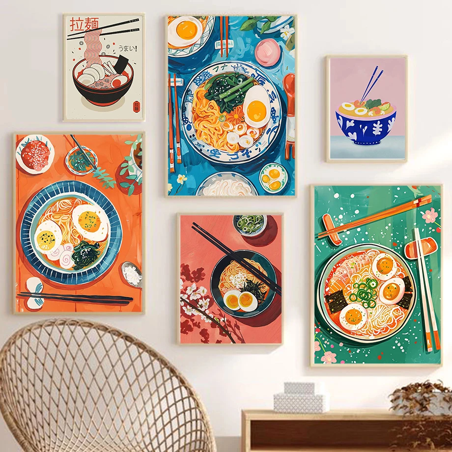 Abstract Japanese Flat Style Delicious Lamian Noodles Food Art Poster Canvas Printing Restaurant Noodle Wall Decorative Painting