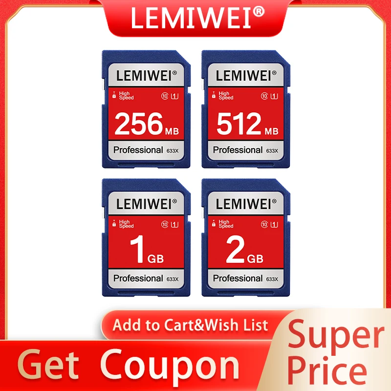 بطاقة ذاكرة Lemiwei 256 ميجابايت 512 ميجابايت 1 جيجابايت 2 جيجابايت بطاقة SD عالية السرعة احترافية 633x بطاقة تخزين U1 فئة 10 UHS-I للكاميرا