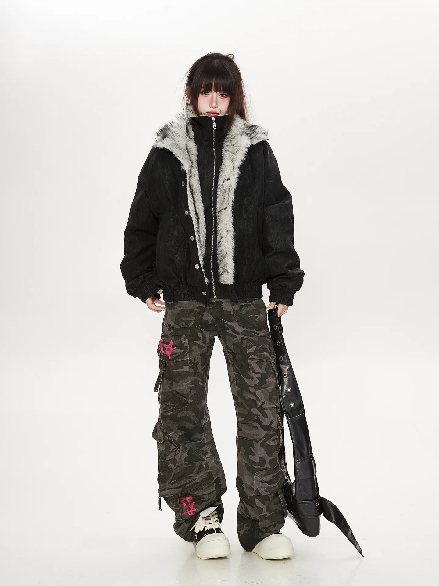 

American Retro Thiened Loose Women's Cotton Jaet with Fur Collar Mountain Eagle Pattern Winter Outerwear for Couples