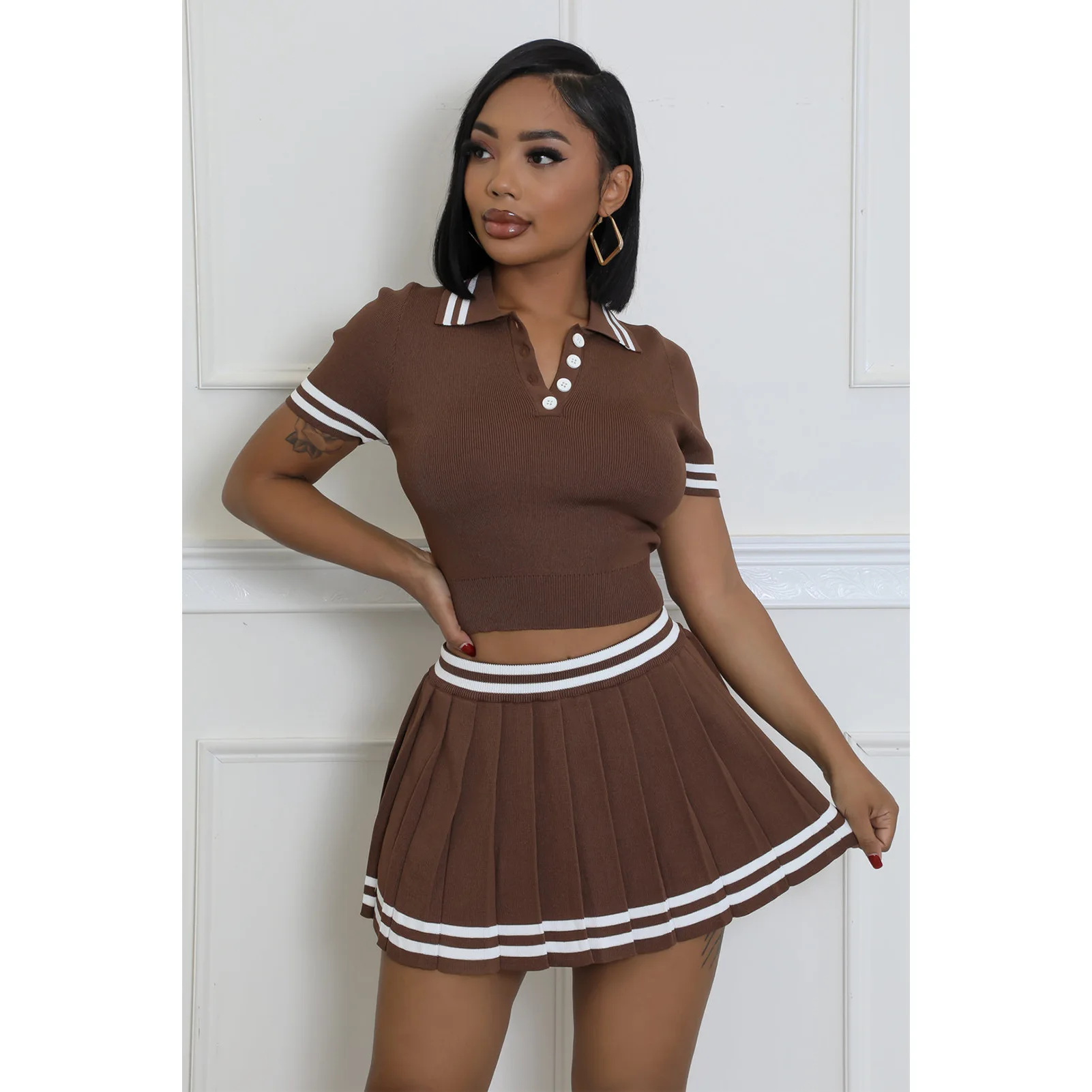 

Summer Women 2 Piece Skirt Set Knit POLO Shirt Pleated Skirt Outfits Chic Casual Streetwear Two Piece Matching Set