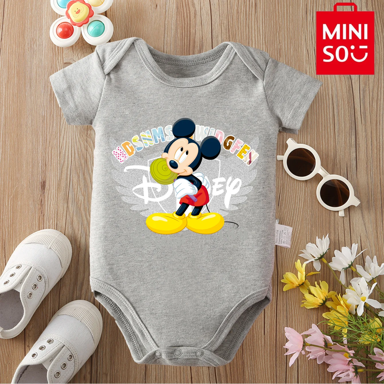 

MINISO & Disney Jointly подпись, 100% хлопок, детская одежда, комбинезон, боди с Микки Маусом, милый мультяшный принт для новорожденных от 0 до 12 месяцев