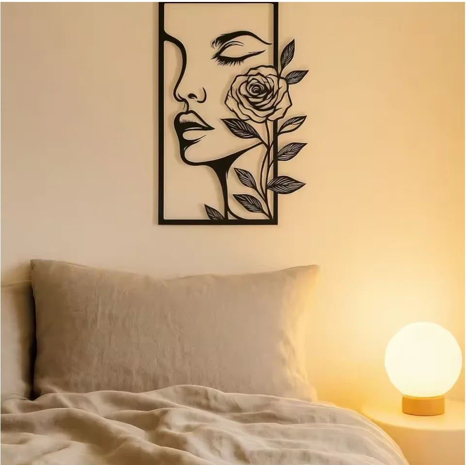 Minimalist Line Art Female Face Floral Iron Wall Hanging, Light Luxury Abstract Facial Contour Metal Wall Decoration for Bedroom Decor