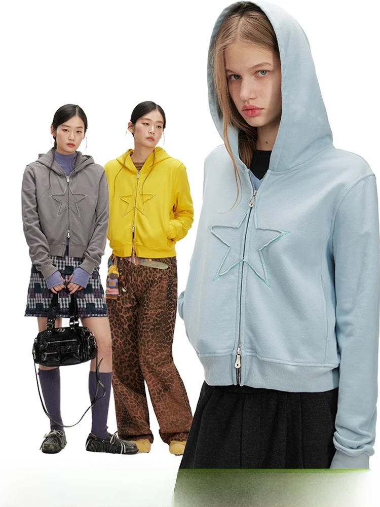 

DNT Casual Star Embroidery Hoodie Jacket Loose Fit Women's Sweatshirt Outerwear Comfortable Cotton Polyester Blend