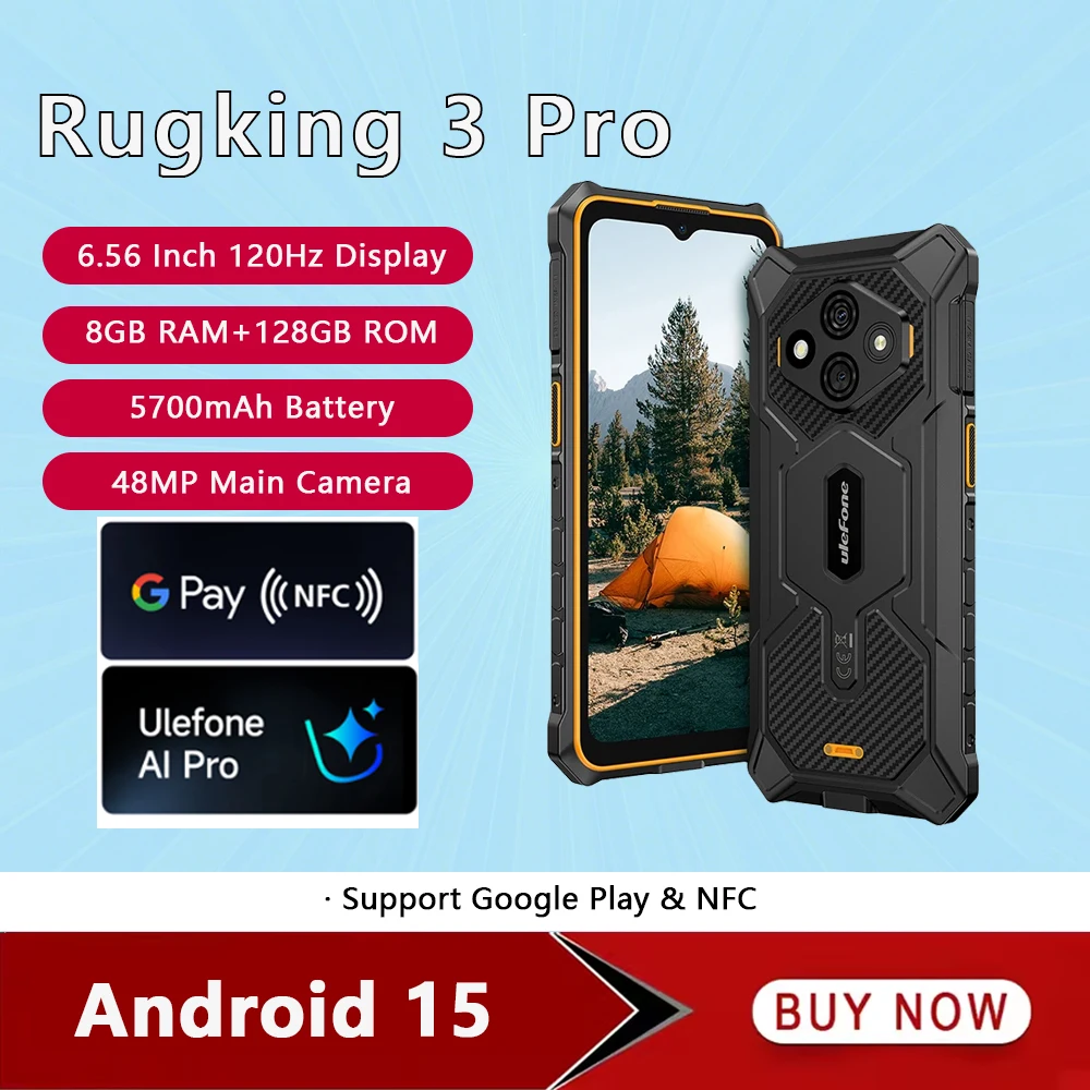 Ulefone RugKing 3 Pro 4G Rugged Smartphone Android 15 AI 6.56Inch 120Hz 8GR AM+128GB ROM Mobile Phone 5700mAh 48MP Cellphone NFC