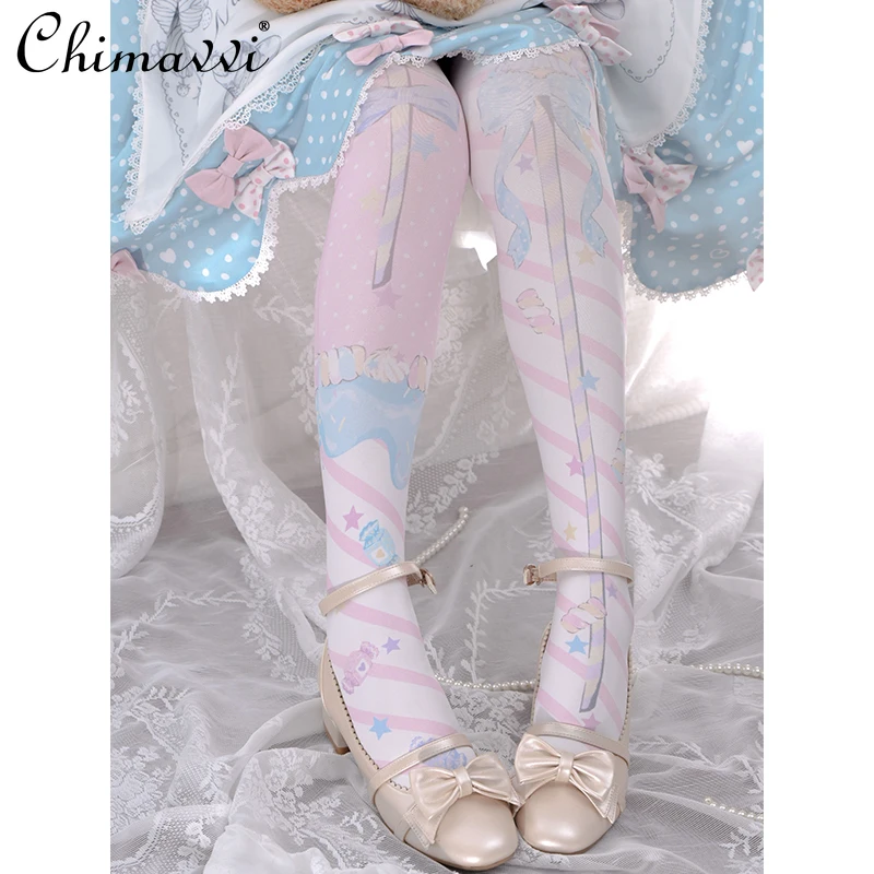 Lolita Style Above Knee Socks for Women Autumn Printed Tube Socks Student Girls Cute Velvet Knee Socks Japanese Sweet Stockings