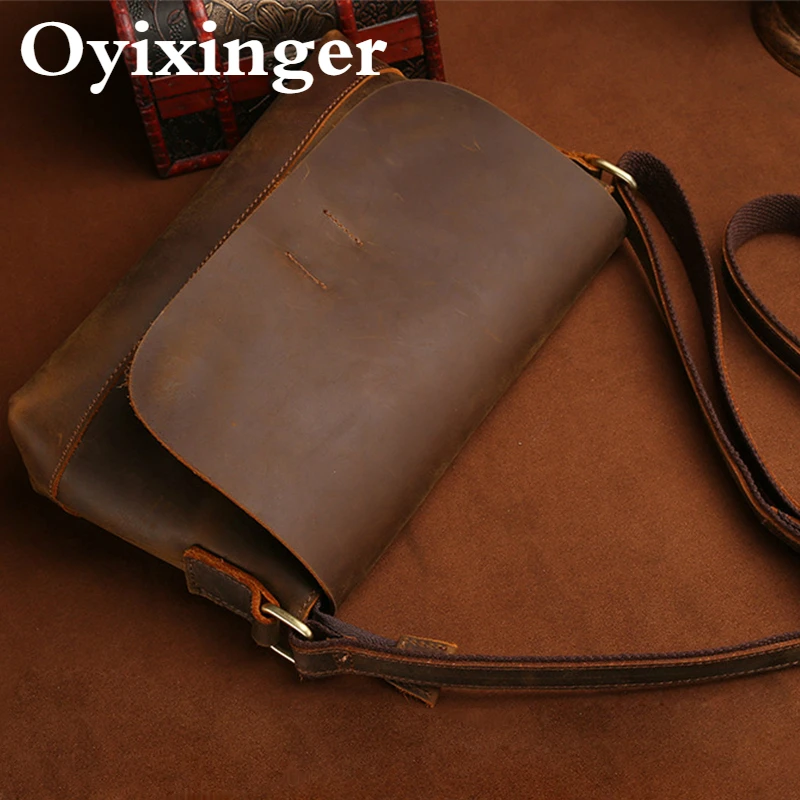 OYIXINGER Retro Men's Bag Genuine Leather Shoulder Bags For Men Vintage Crazy Horse Cowhide Crossbody Bags Solid Mini Travel Bag