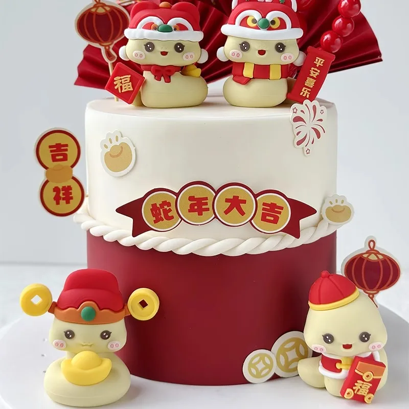 2025 Year of the Snake New Year Cake Topper Cartoon Red Envelope Ingot Fortune Word Peace and Joy Little Snake Soft Plastic Doll