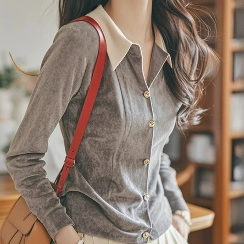 

Corduroy Vintage Women's Blouses Spring/Autumn New Solid Casual Shirts Slim Long Sleeves Top Korean Clothing Sales