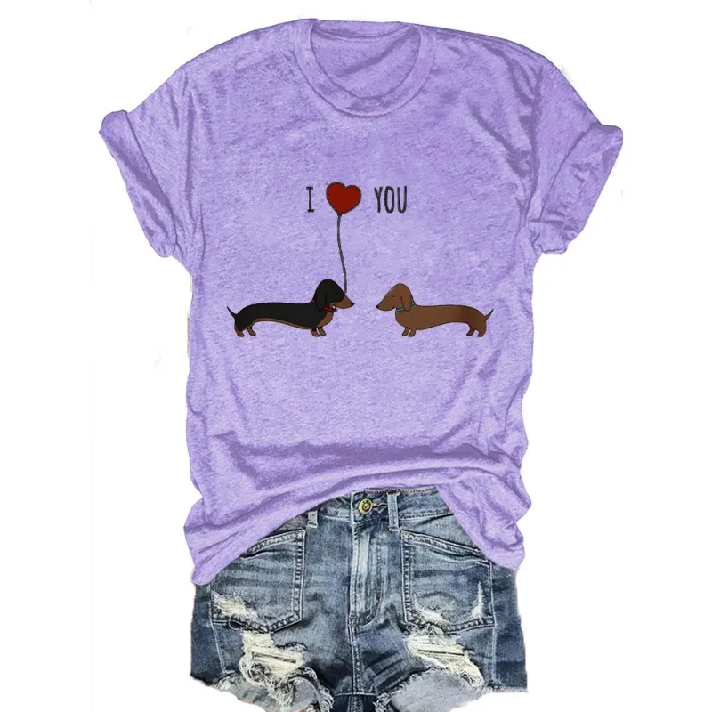 ilstile Women's Lovely Dogs Print T-Shirts Summer Short Sleeve Casual Round Neck Tops Blue Pink Tees Hot Sale