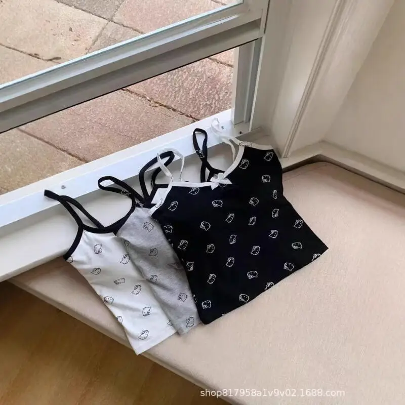 귀여운 고양이 여름 데일리 체스트 패드 프린트 캐미솔 베스트 여성 슬림 학생 소녀 섹시 탑 언더웨어