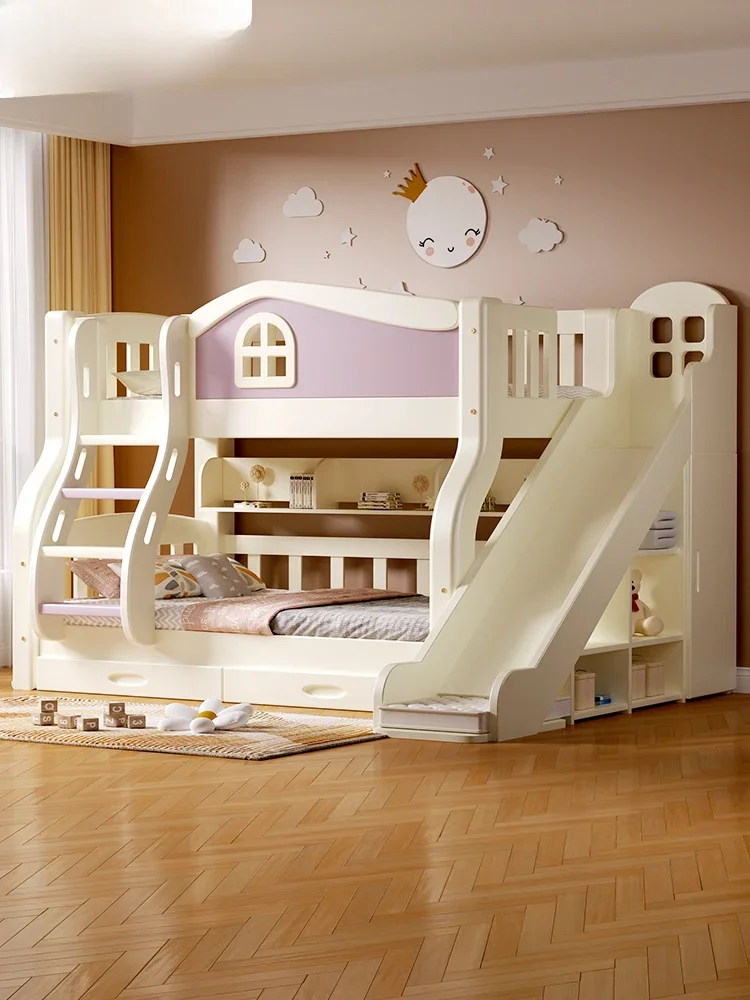 Color solid wood kids bunk bed boy girls bunk bed princess  small apartment high and low mother  slide