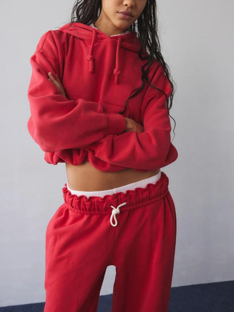 

Women's short crop top hooded sweatshirt with drawstring, solid color, simple casual sports crop top jacket, sweatshirt