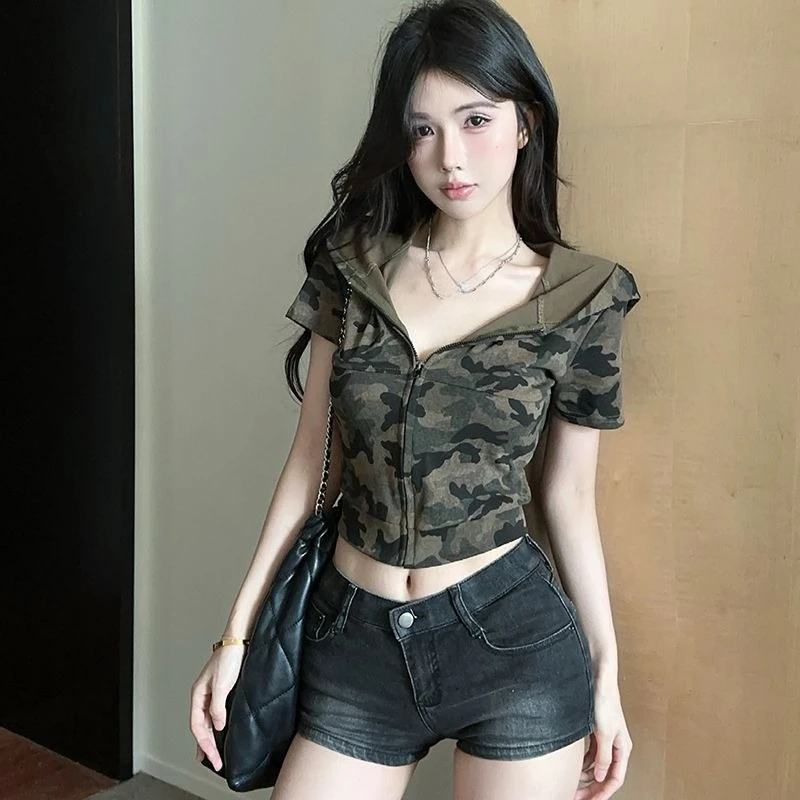 American Retro Short T Shift For Women Print Hooded Y2k Vintage Spring Summer Cropped Tops Zipper Slim Fit Fashion Ropa De Mujer
