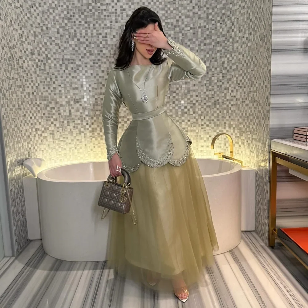 JDY Aangepaste Lichtgroen Satijn Tule Kralen Luxe Avondjurk Moderne Stijl Bruiloft Jurk فسات dh namiة