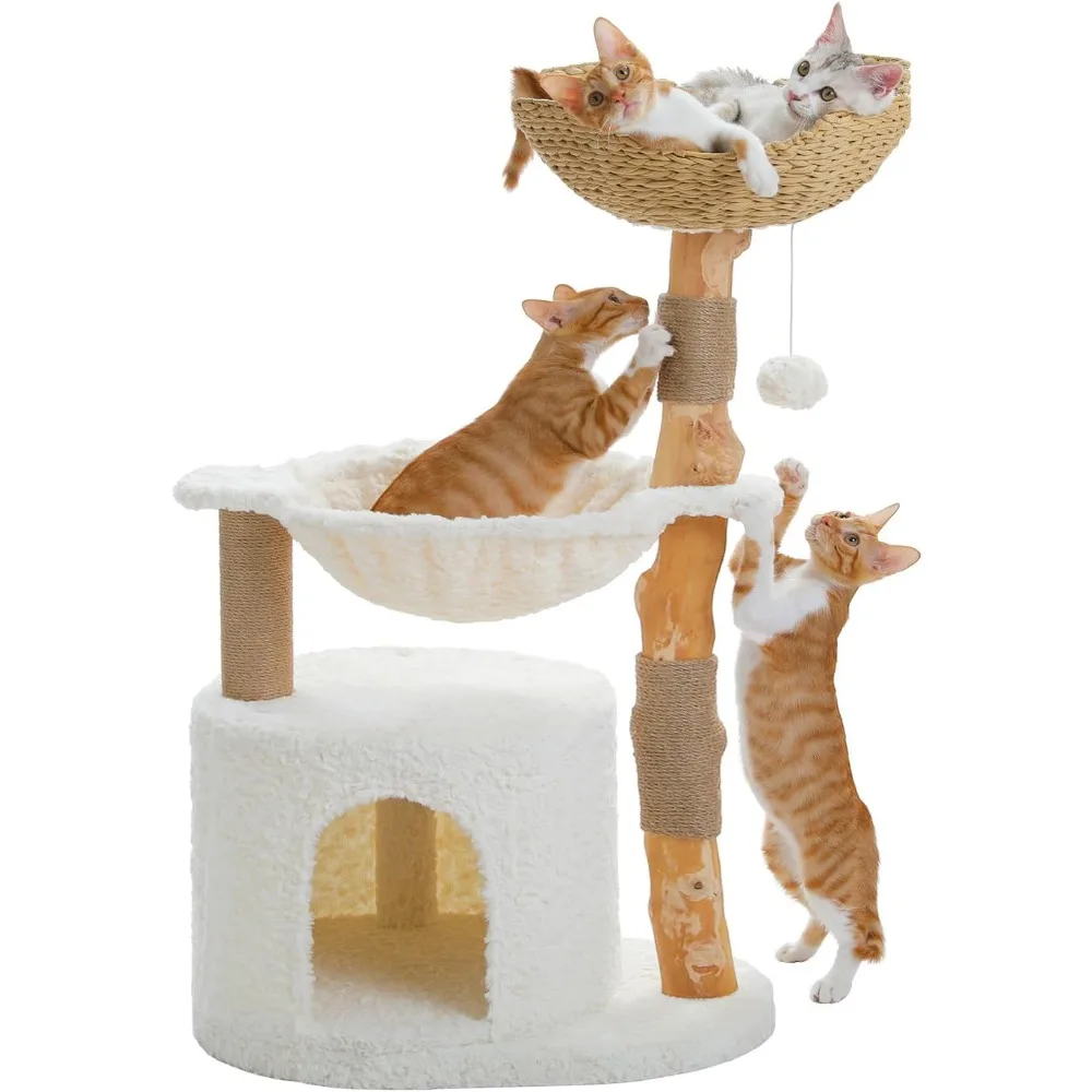 

Modern Cat Tree for Large Cats, Luxury Wood Cat Tower with Large Wicker Basket, Spacious Condo and Deep Hammock