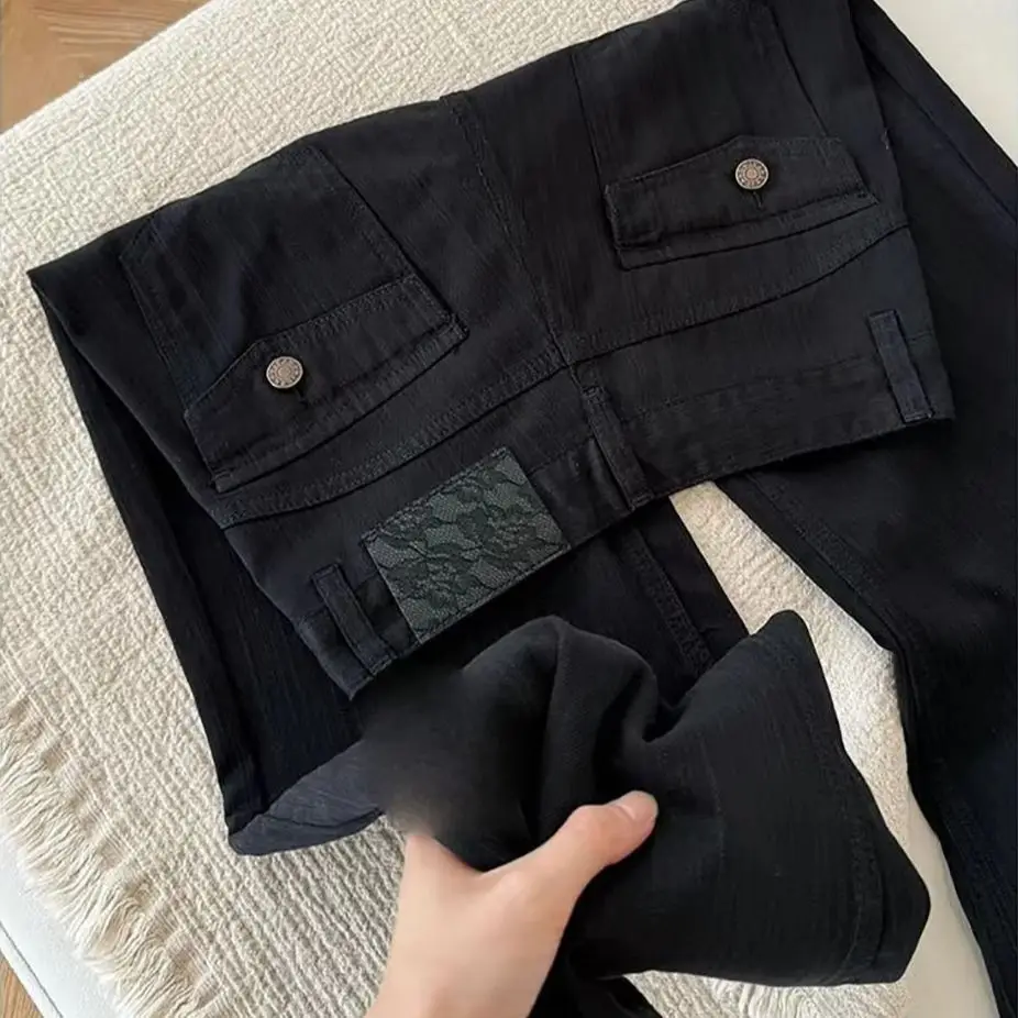 Women Black Flare Jeans High Waist Stretch Denim Pants Retro Pockets Decor Trousers Soft Texture Thin Casual Pants Daily Wear
