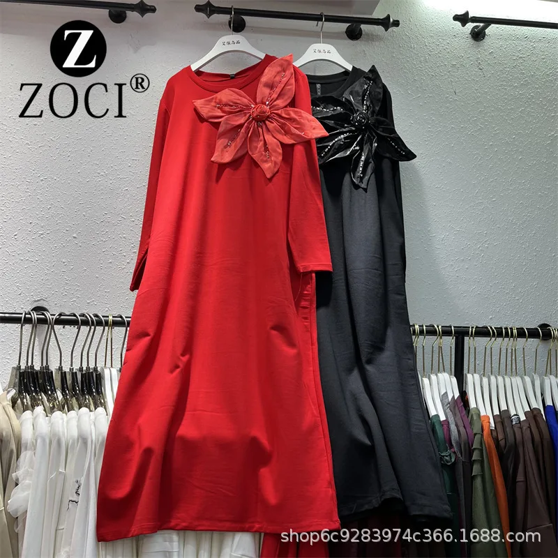 [ZOCI] Three Dimensional Large Flower Design, Round Neck Fashionable Long Over Knee Loose Slimming, Style,