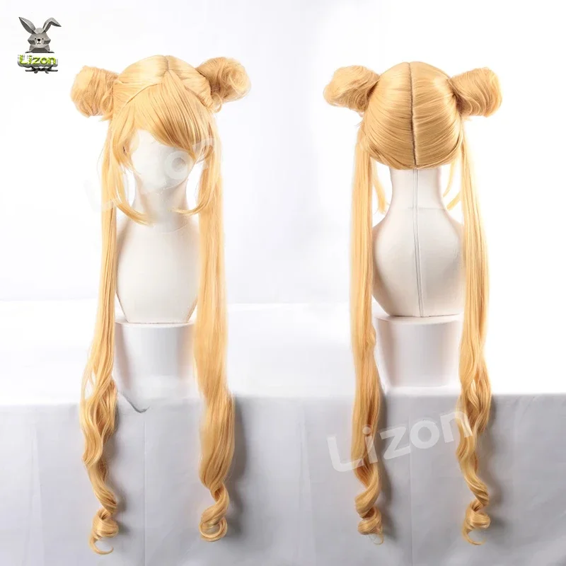 Sailor Moon Tsukino Usagi długie kręcone blond kucyki peruka z 2 kucykami z czapką z peruką na imprezę kostiumową na Halloween