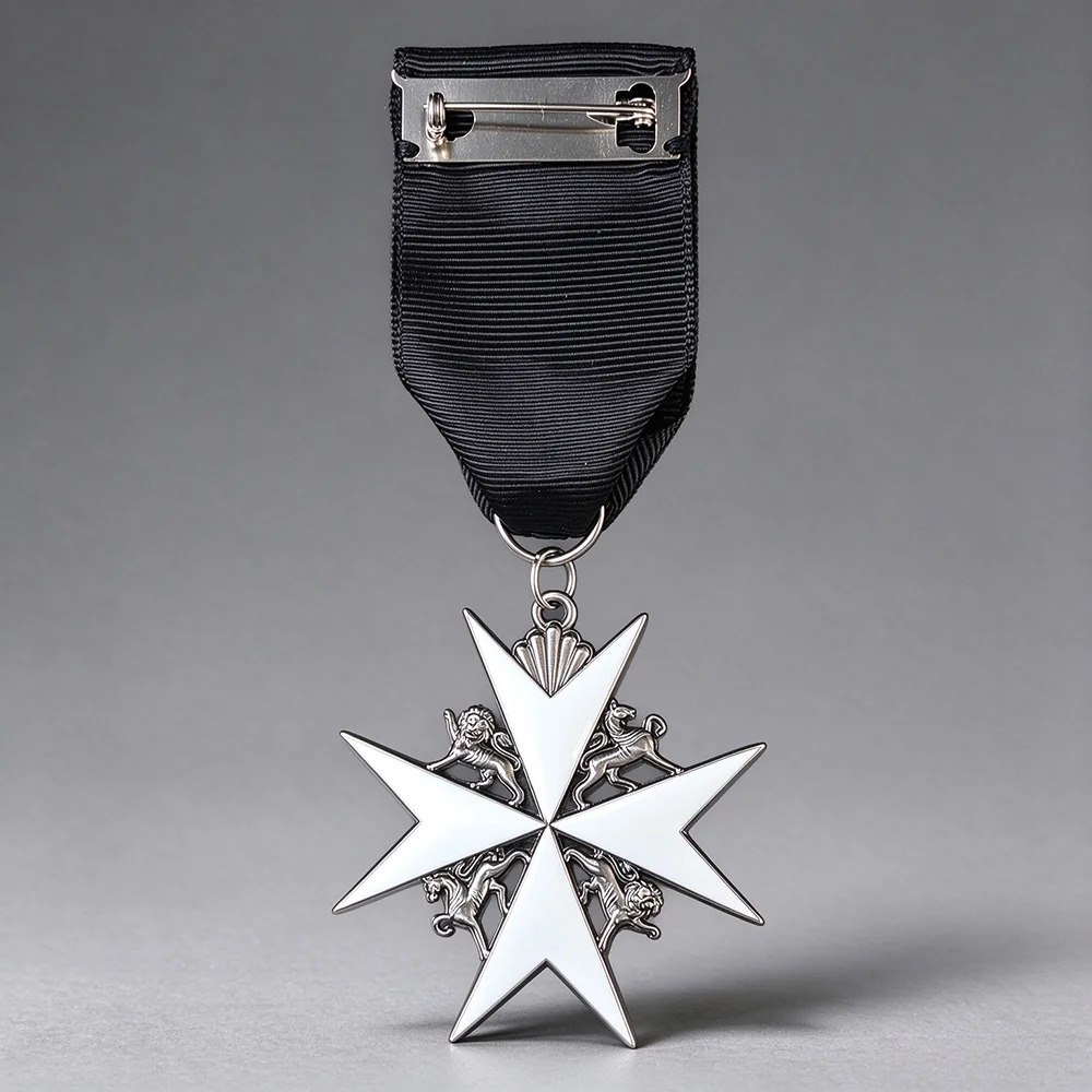 Order of St John Medal Maltese Cross with Lions Black Ribbon Brooch Collectible Chivalric Order Badge Silvery Pin