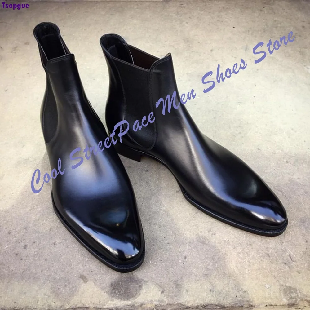 Black Leather Men Chelsea Boots Pointed Toe Elastic Slip On Vintage Formal Dress Ankle Booties For Wedding Office Footwear