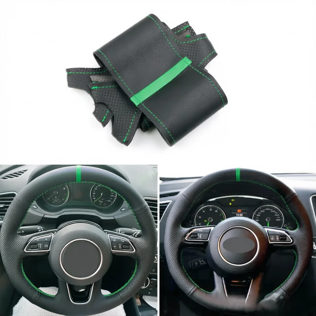 DIY Black+Green Leather Steering Wheel Cover For Audi Q3 2011-2018 Q5 2012-2017