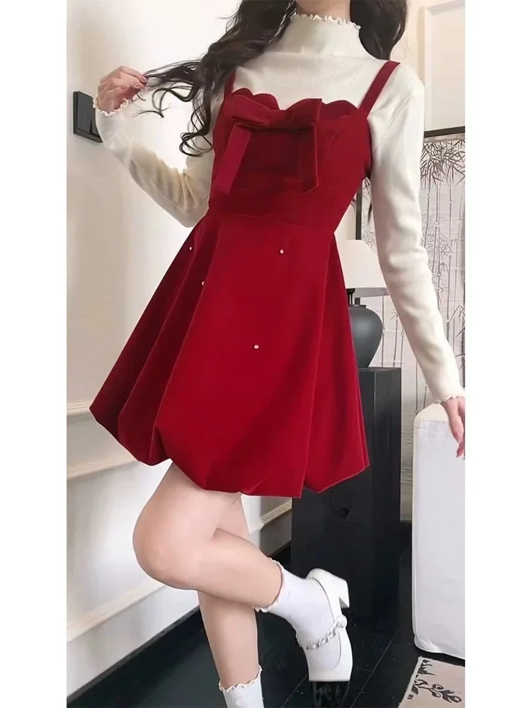 MiiiiX French Elegant Christmas Red Velvet Short Strap Dress Women 2024 Autumn New Bow A-line Dot Bubble Dress Female Clothes