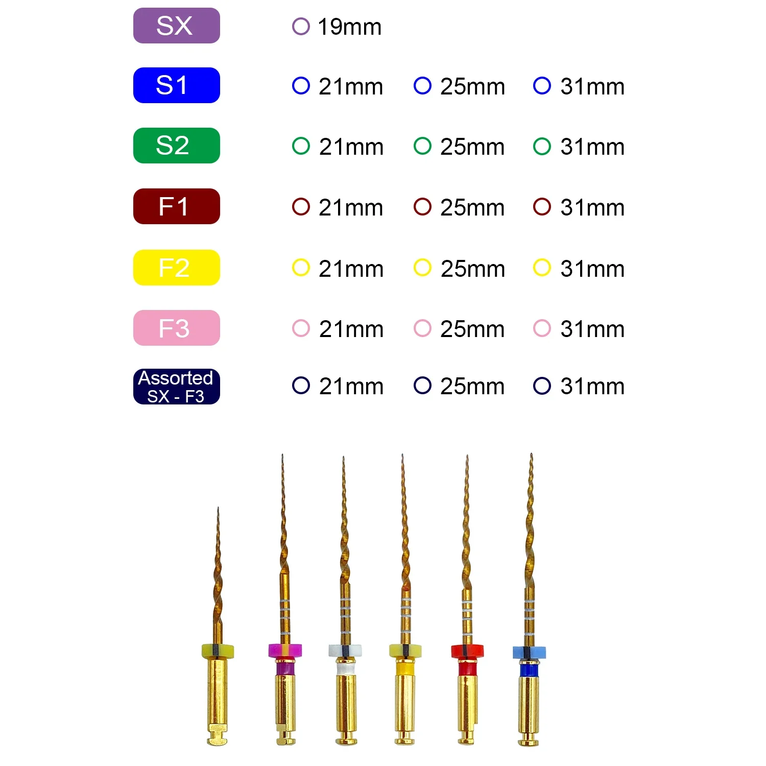 Limes dentaires flexibles en or, fichiers rotatifs Endo, fichiers endodontiques dorés 19/21/25mm, Nickel Titainium, matériel de Canal radiculaire pour dentisterie